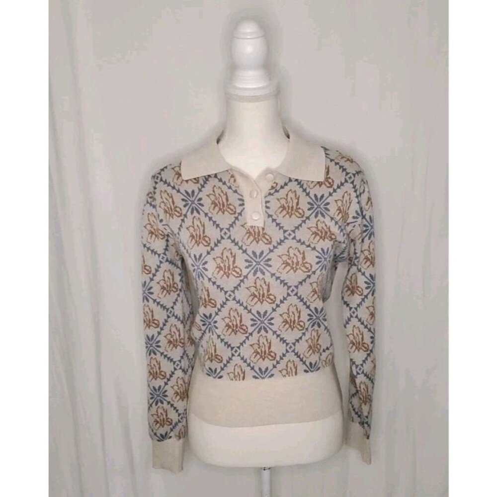 Simple Retro Wool Blend Patterned Sweater Fitted Puff Sleeves 90s Y2K Sz. Small